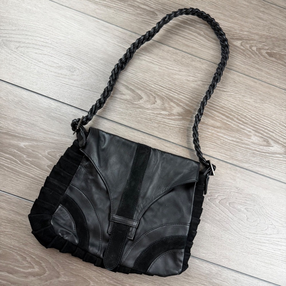 Ember Skye Womens Shoulder Bag Leather Suede Braided Strap Black Medium